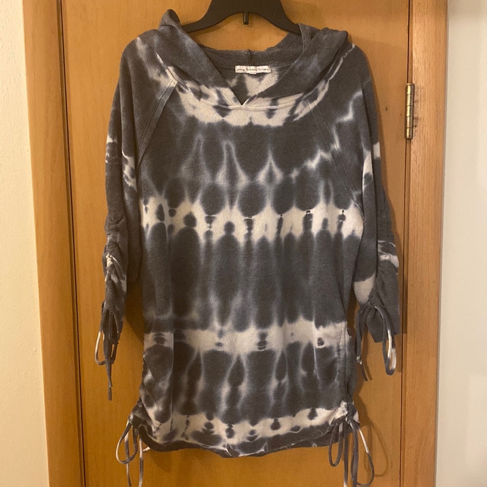 Young Fabulous & Broke Tie Dye Ruched Tunic Hoodie Sweatshirt Blue White Small